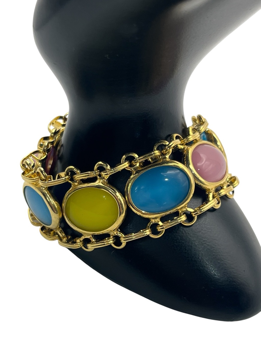 Pale Pink, blue, yellow oval cabochon gold tone vintage chain bracelet